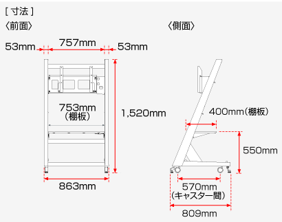 スタンド前面の幅863mm、高さ1,520mm、棚板幅753mm、側面の奥行809mm、棚板奥行き400mm、床から棚板までの高さ550mm、キャスター間570mm