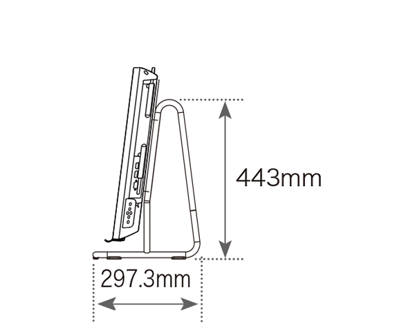 スタンドに懸架した状態の側面の奥行297.3mm、スタンドの高さ443mm