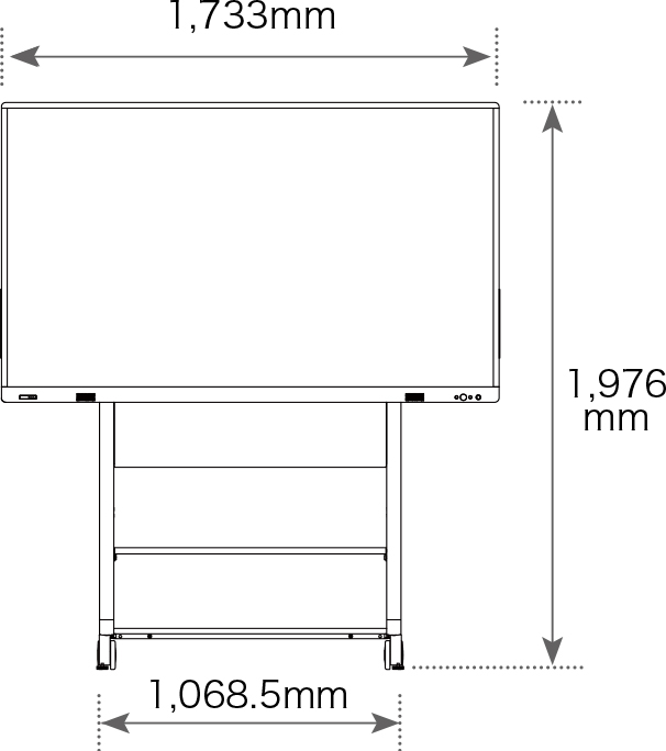 スタンドに懸架した状態の前面の幅1,733mm、高さ1,976mm、スタンド設置部の幅1,068.5mm