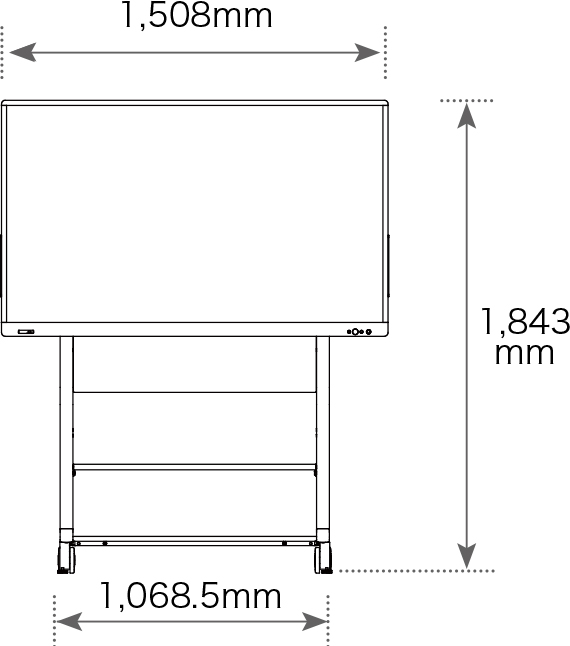 スタンドに懸架した状態の前面の幅1,508mm、高さ1,843mm、スタンド設置部の幅1,068.5mm