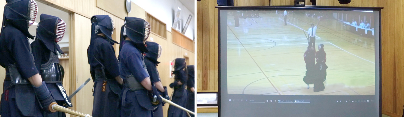 画像：剣道部では剣道場の一角でプロジェクターを使い試合相手を研究。活発なミュニケーションを通して部員達の結束がより強くなります。