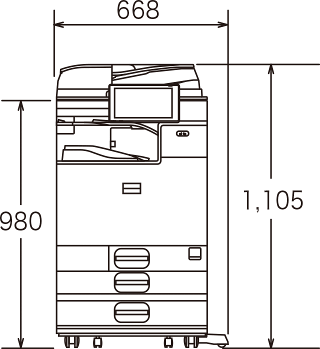 画像：以下のオプション装着時正面（給紙テーブル PB3270、キャスターテーブル タイプM3）