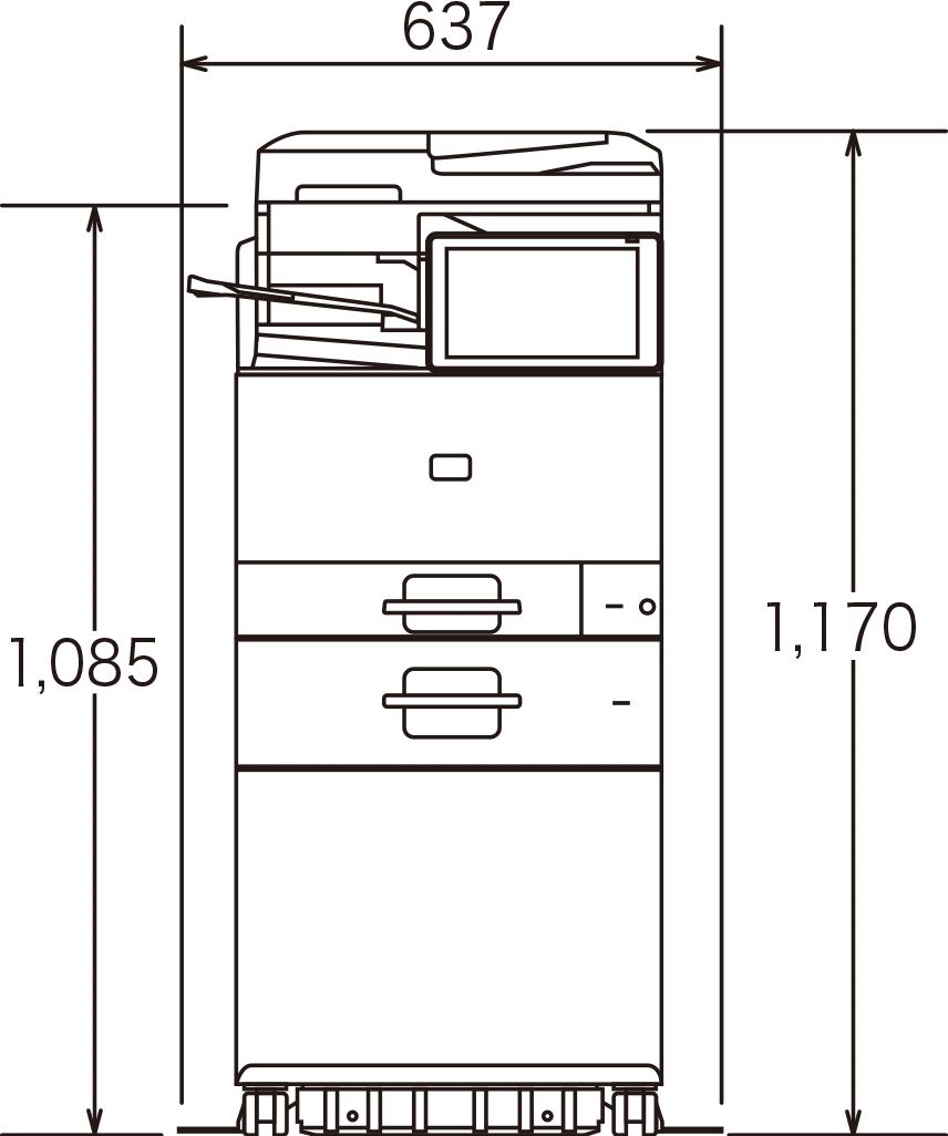 画像：以下のオプション装着時（インナー1ビントレイ BN1040、給紙テーブル PB1170、サプライテーブル TB1030）