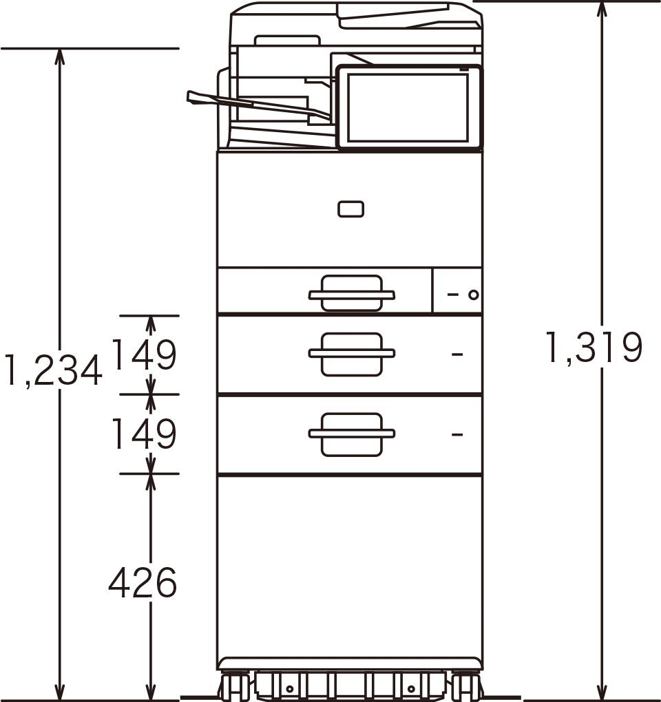 画像：以下のオプション装着時（インナー1ビントレイ BN1040、給紙テーブル PB1170×2段、サプライテーブル TB1030）