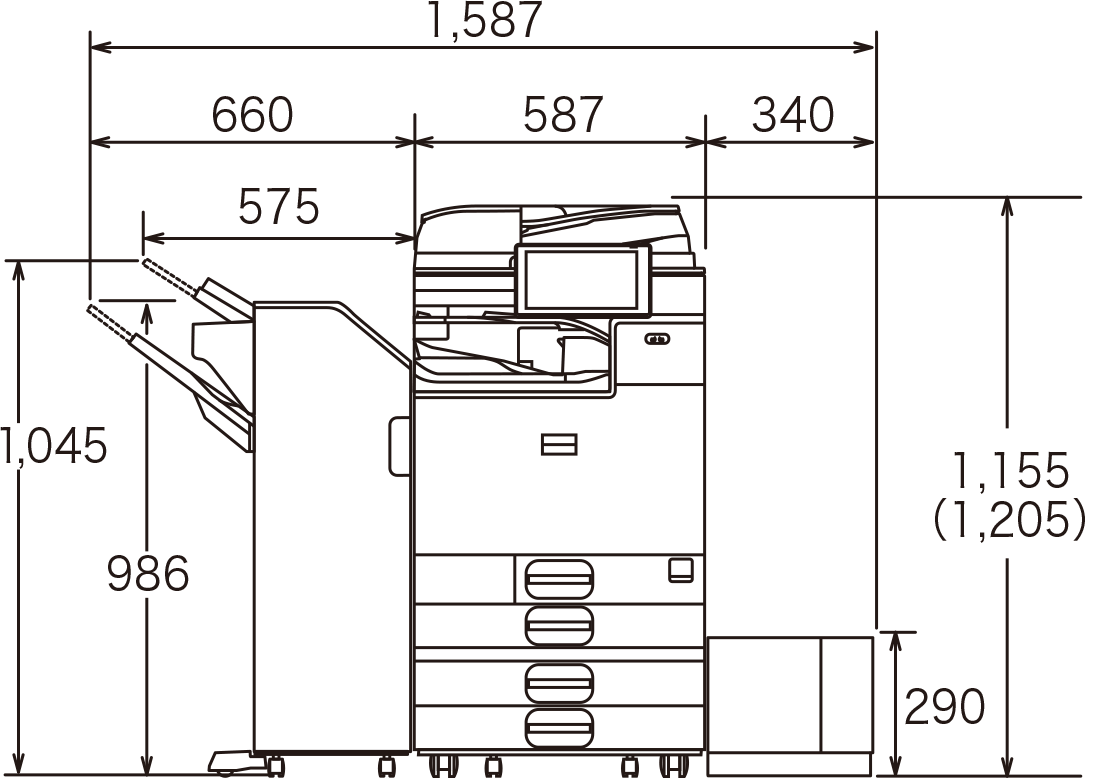 画像：オプション装着時正面（給紙テーブル PB3280、中継ユニット BU3090、1000枚フィニッシャー SR3260、A4大量給紙トレイ  RT3040）
