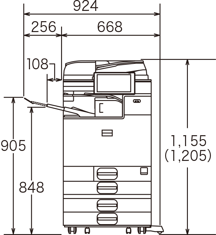 画像：オプション装着時正面（給紙テーブル PB3280、インナーフィニッシャー SR3300）