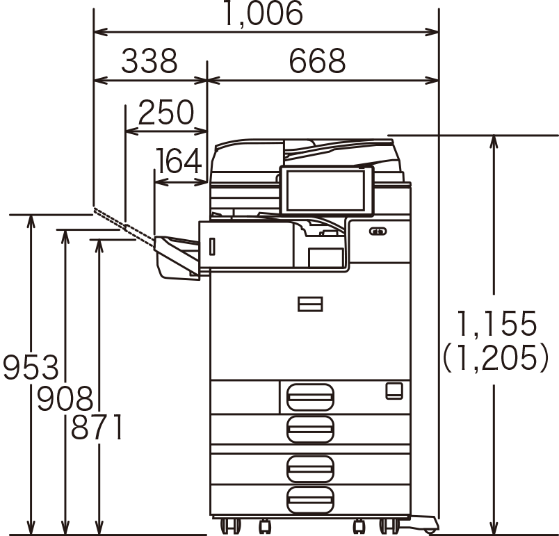 画像：オプション装着時正面（給紙テーブル PB3280、インナーフィニッシャ― SR3250、インナーフィニッシャ―用 2穴パンチユニット PU3070）