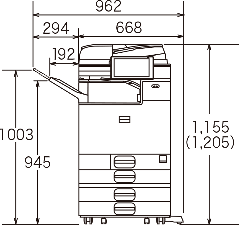 画像：オプション装着時正面（給紙テーブル PB3280、インナー紙折りユニット FD3010）
