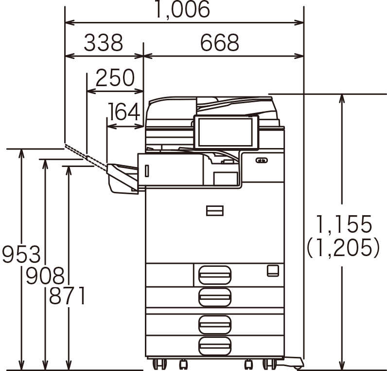 画像：オプション装着時正面（給紙テーブル PB3300、インナーフィニッシャ― SR3250、インナーフィニッシャ―用 2穴パンチユニット PU3070）