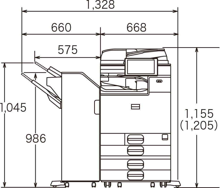 画像：オプション装着時正面（給紙テーブル PB3280、中継ユニット BU3090、1000枚フィニッシャー SR3260）