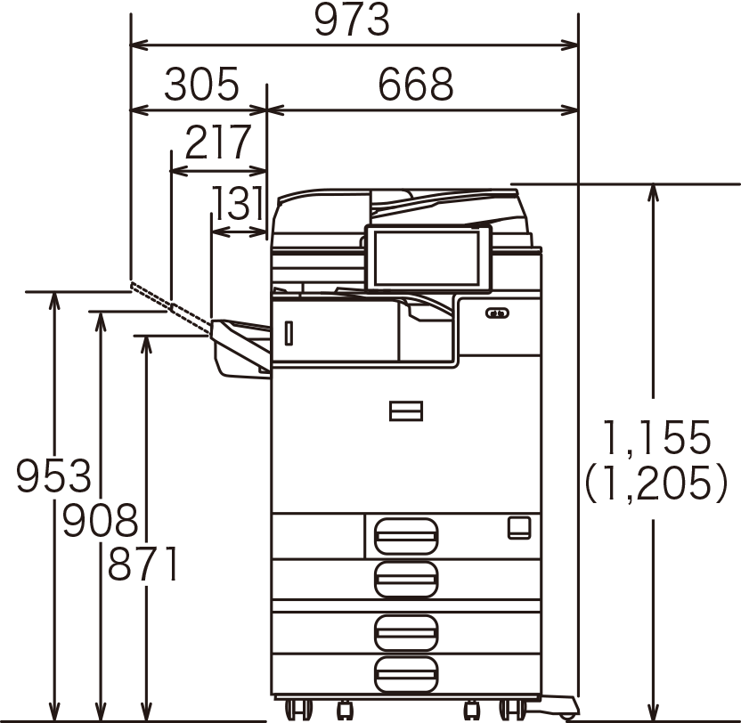 画像：オプション装着時正面（給紙テーブル PB3280、インナーフィニッシャ― SR3250）