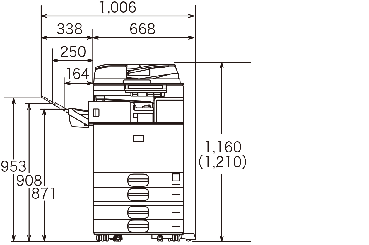 画像：以下のオプション装着時（給紙テーブル PB3300、インナーフィニッシャー SR3250、インナーフィニッシャー用 2穴パンチユニット PU3070）