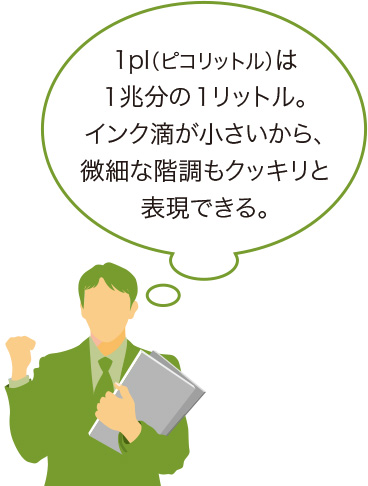 画像：1pl（ピコリットル）は1兆分の1リットル。インク滴が小さいから、微細な階調もクッキリと表現できる。