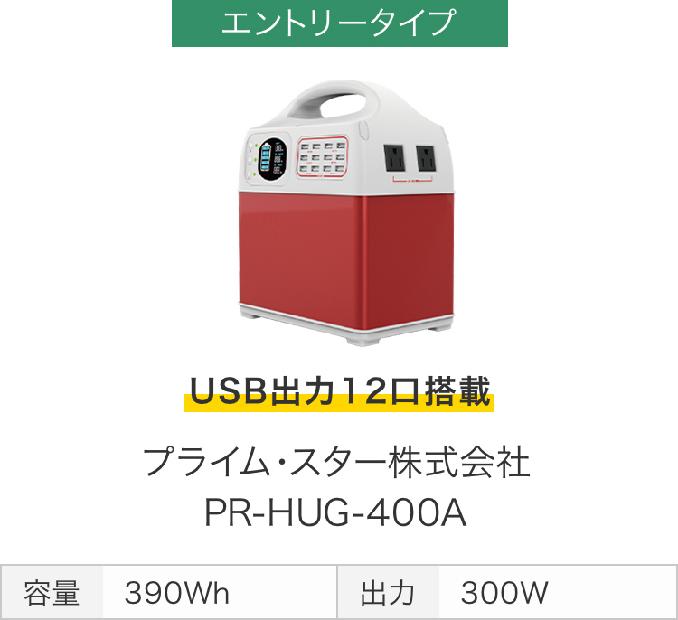 画像：エントリータイプ　USB出力12口搭載　プライム・スター株式会社 PR-HUG-400A　容量 390Wh　出力 300W