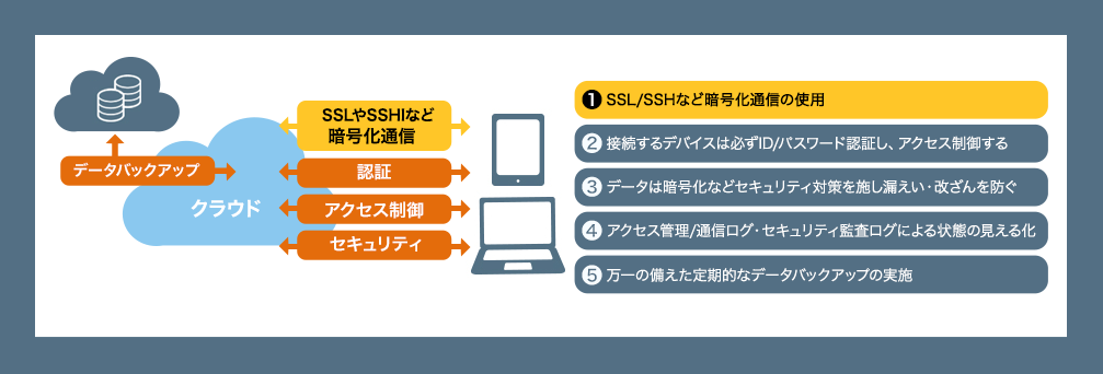 1)SSL/SSHなど暗号化通信の使用
2)接続するデバイスは必ずID/パスワード認証し、アクセス制御する 3)データは暗号化などセキュリティ対策を施し漏えい・改ざんを防ぐ 4)アクセス管理/通信ログ・セキュリティ監査ログによる状態の見える化 5)万一の備えた定期的なデータバックアップの実施