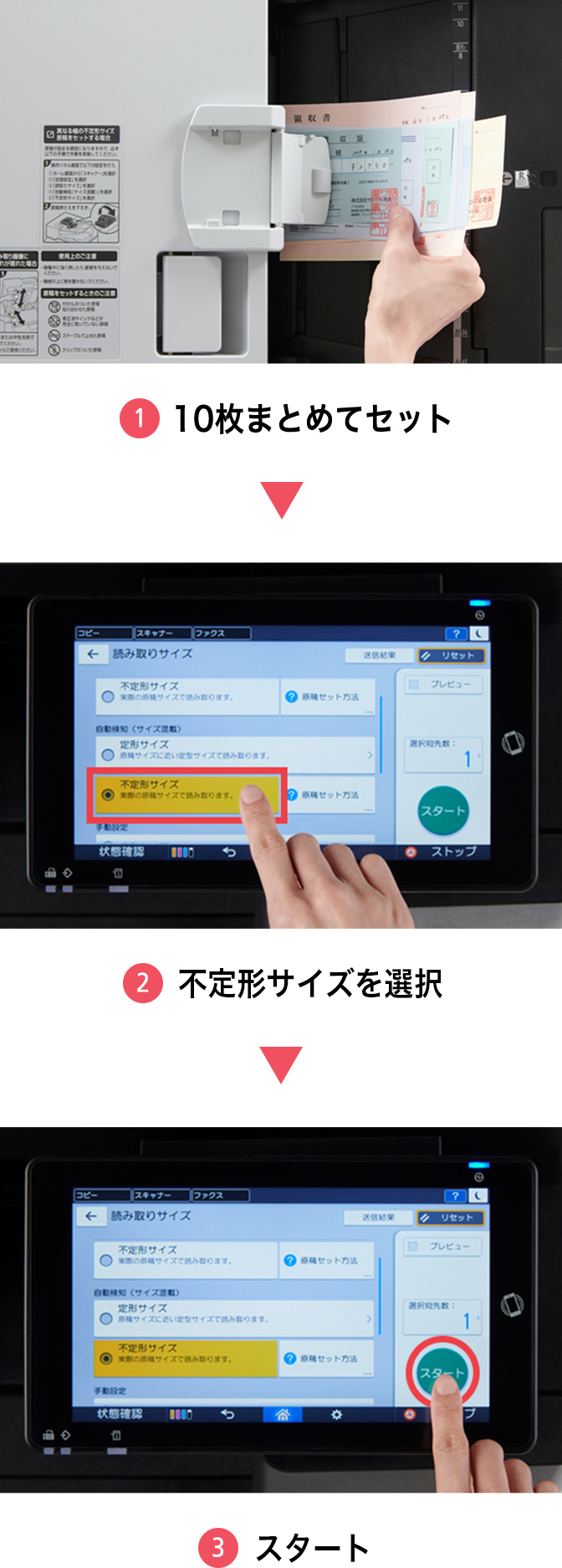 1. 10枚まとめてセット, 2. 不定形サイズを選択, 3. スタート