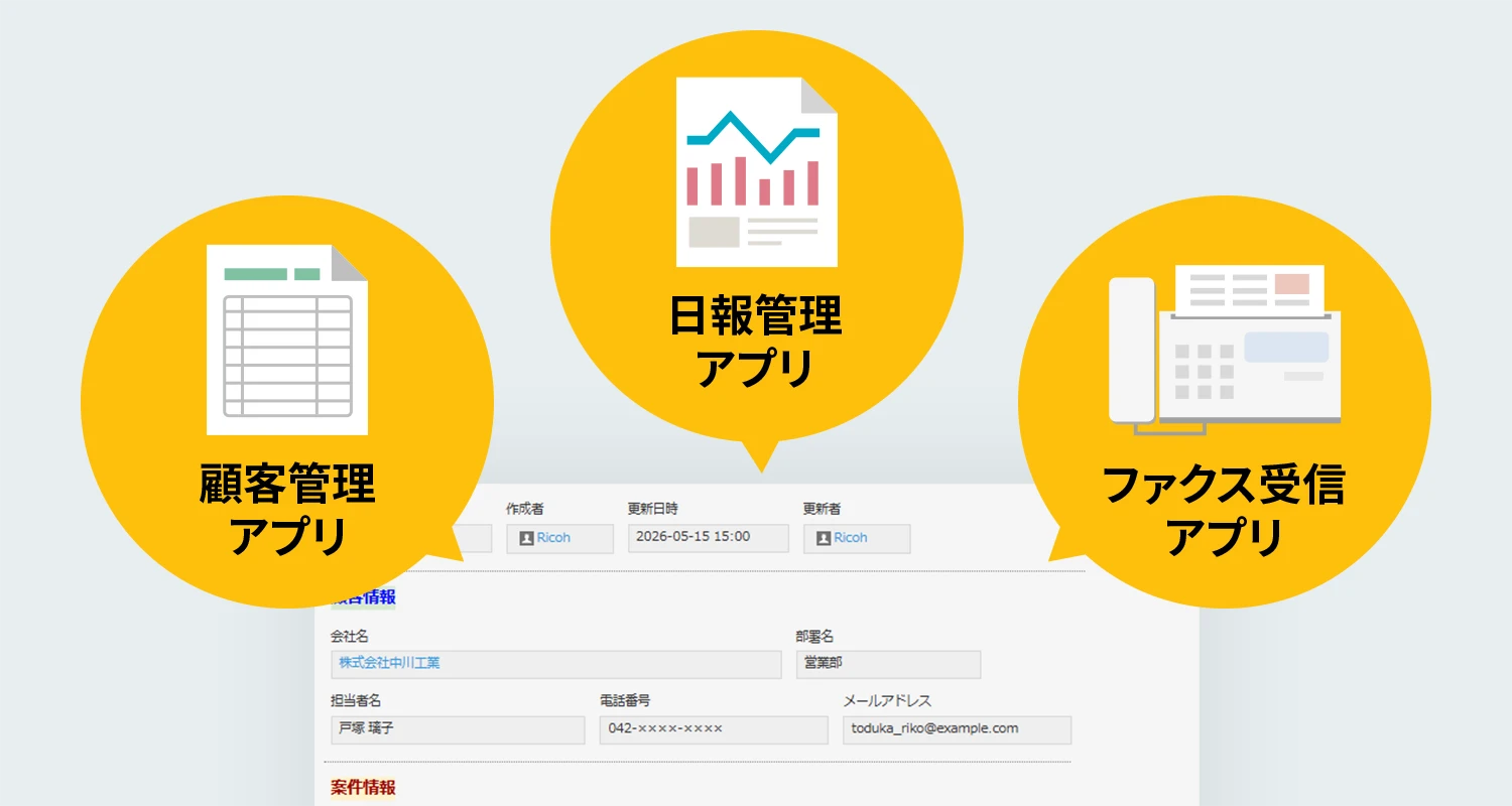 Step 3: 顧客管理アプリ・日報管理アプリ・ファクス受信アプリなど、業務に応じた複数のアプリが作成された状態のイメージ