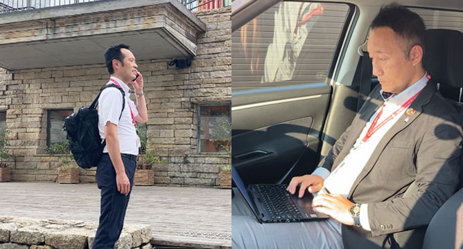 外で電話する男性、車の中でパソコンを操作する男性