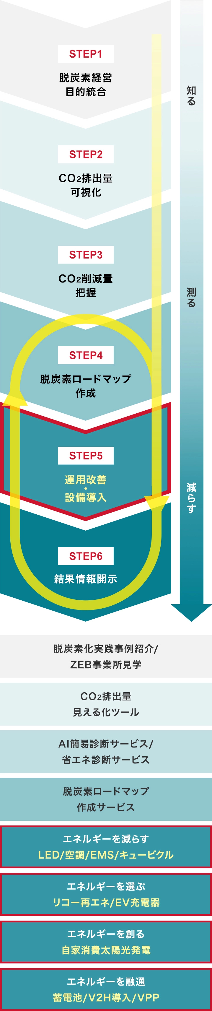 STEP1：脱炭素経営目的統合 STEP2：CO2排出量可視化 STEP3：CO2削減量把握 STEP4：脱炭素ロードマップ作成 STEP5：運用改善、設備導入 STEP6：結果情報開示