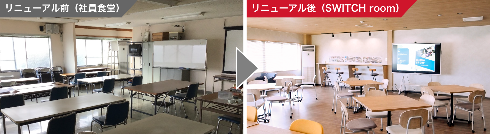 リニューアル前の社員食堂、リニューアル後のSWITCH roomの風景画像