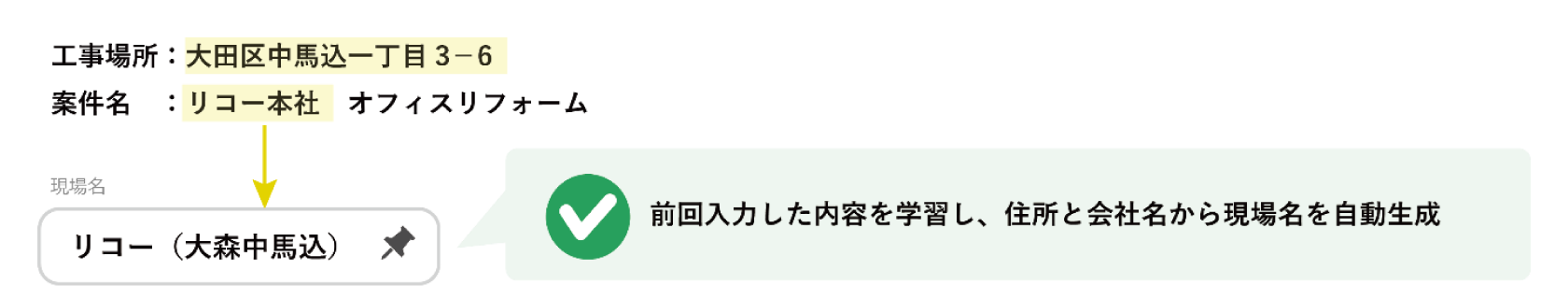 前回入力した内容を学習し、住所と会社名から現場名を自動生成