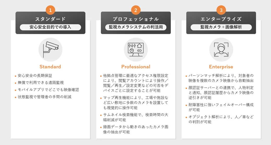 監視カメラシステムの3つの活用レベル比較図。Standardは安心安全目的の導入、Professionalは監視カメラシステムの利活用、Enterpriseは監視カメラと画像解析の活用。