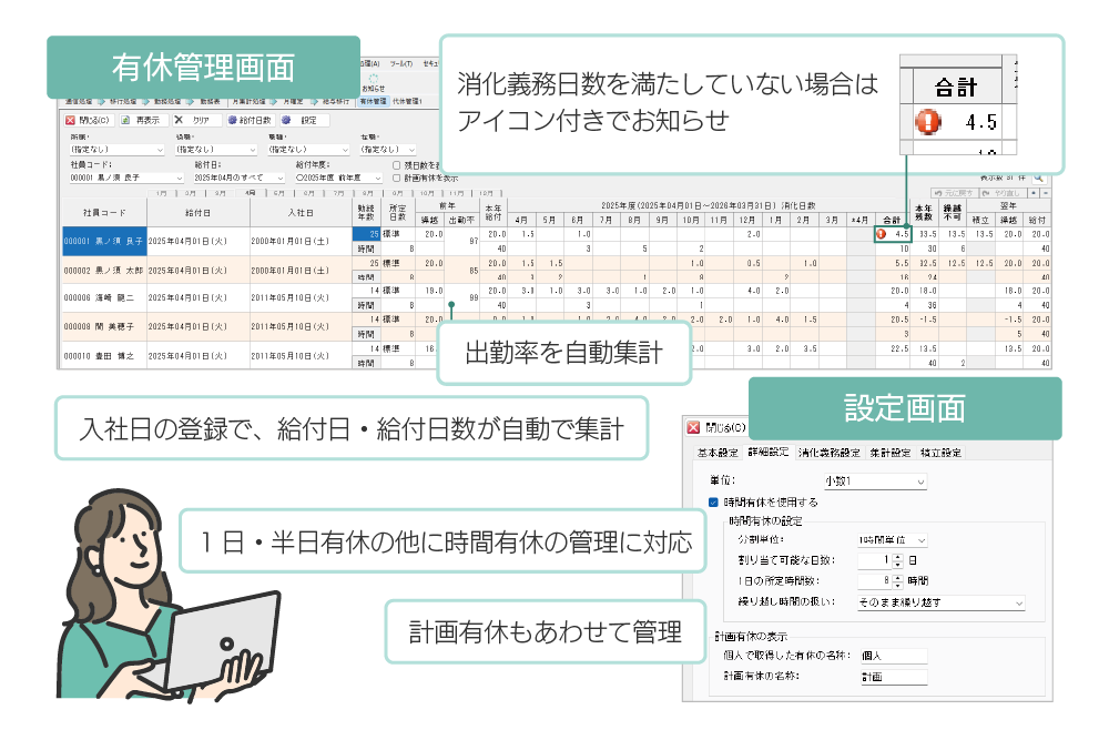 「クロノスPerformance」の有休管理画面とその設定画面のイメージ