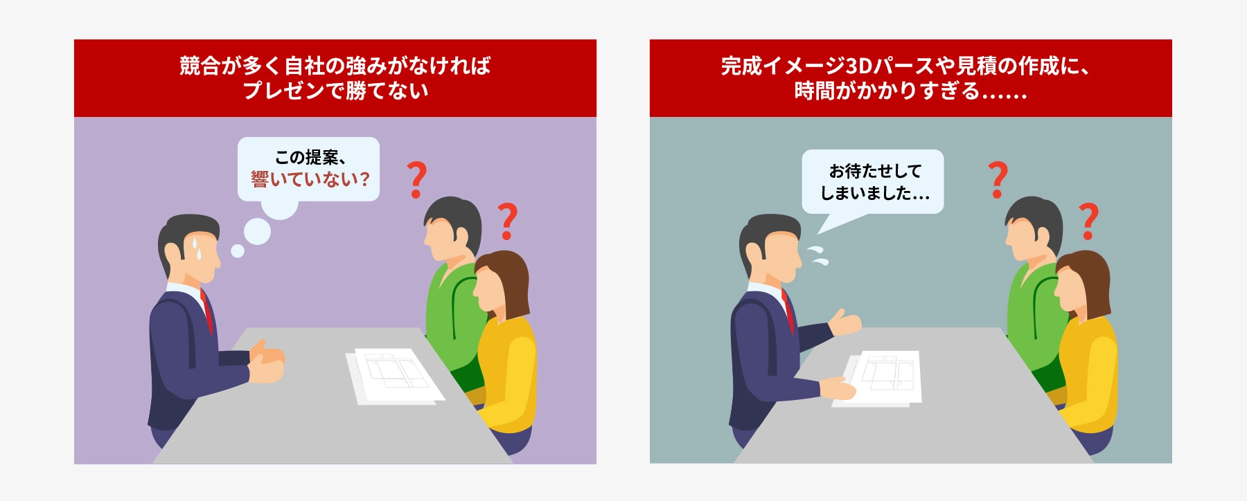 競合が多く自社の強みがなければプレゼンで勝てない 完成イメージ3Dパースや見積の作成に、時間がかかりすぎる
