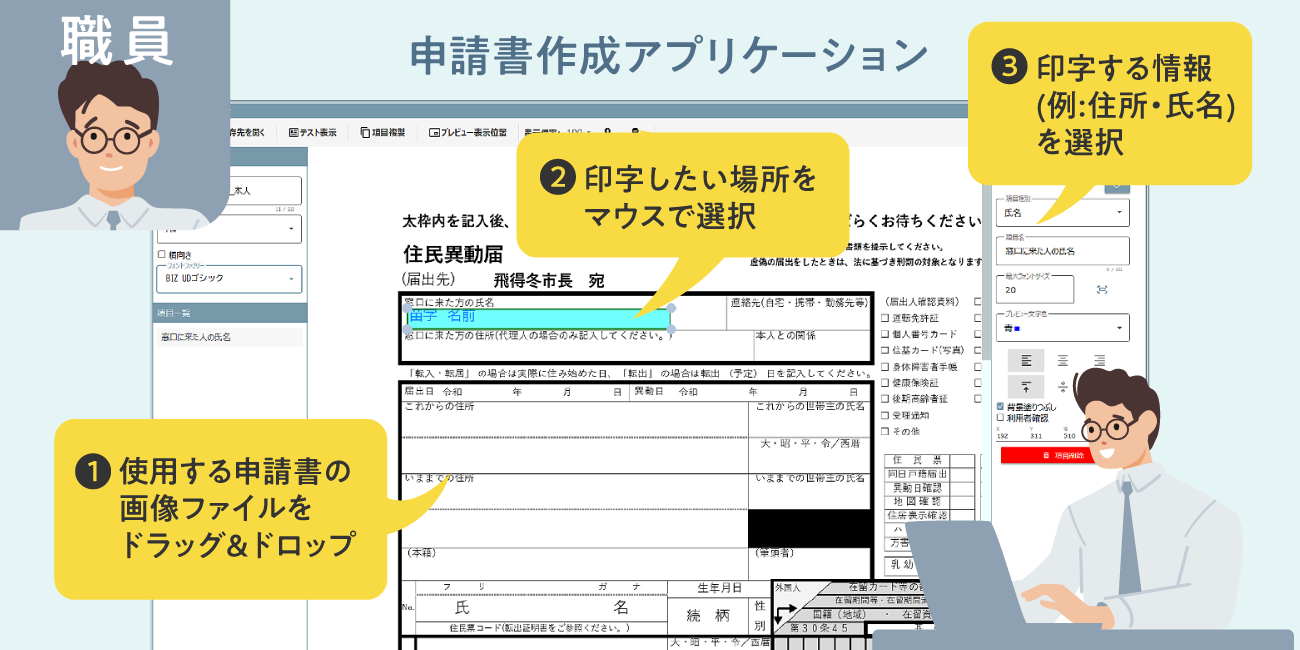 1 使用する申請書の画像ファイルをドラッグ＆ドロップ 2印字したい場所をマウスで選択 3 印字する情報(例:住所・氏名)を選択