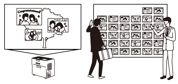 プロジェクターでサイネージ表示したりカードを貼り出すイラスト