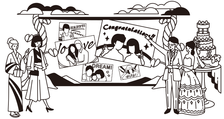 ウエディング会場でデジタルメッセージボードが活用されているイラスト