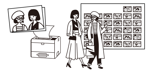 写真を印刷しているイラスト、カードを貼り出しているイラスト