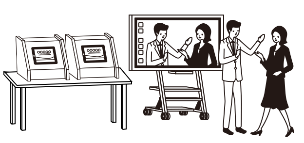 ンタラクティブホワイトボードとタブレットを複数台設置しているイラスト