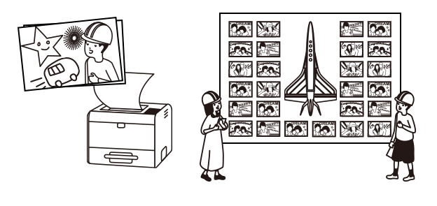 写真を印刷しているイラスト、カードを張り出しているイラスト