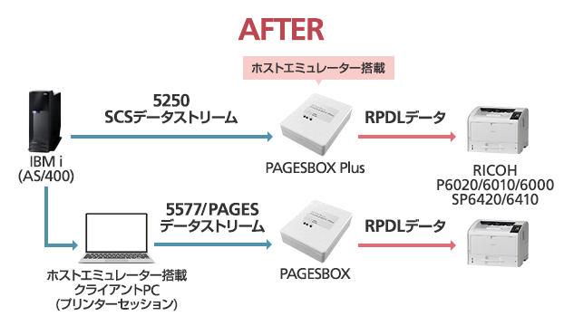 IBM i（AS/400）から5250SCSデータストリーム、ホストエミュレーター搭載のPAGEBOX Plus、RPDLデータ、RICOH P6020/6010/6000へ。または、IBM i（AS/400）からホストエミュレーター搭載クライアントPC（プリンターセッション）、5577/PAGESデータストリーム、ホストエミュレーター搭載のPAGEBOX、RPDLデータ、RICOH P6020/6010/6000へ。