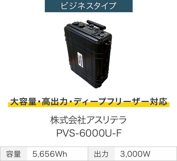 画像：ビジネスタイプ　大容量・高出力・ディープフリーザー対応　株式会社アスリテラ PVS-6000U-F　容量 5,656Wh　出力 3,000W