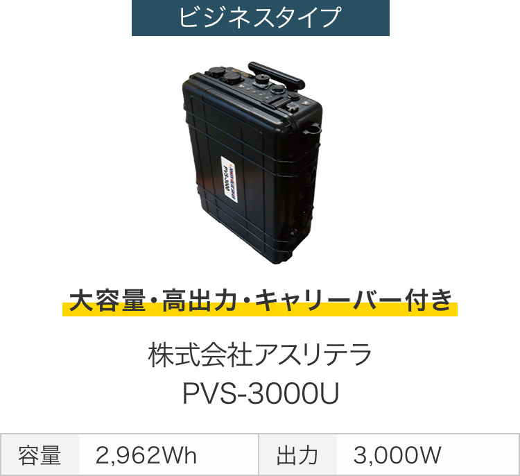 画像：ビジネスタイプ　大容量・高出力・キャリーバー付き　株式会社アスリテラ PVS-3000U　容量 2,962Wh　出力 3,000W