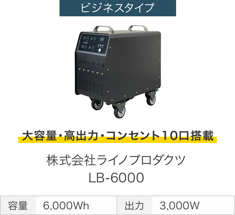 画像：ビジネスタイプ　大容量・高出力・コンセント10口搭載　株式会社ライノプロダクツ LB-6000　容量 6,000Wh　出力 3,000W