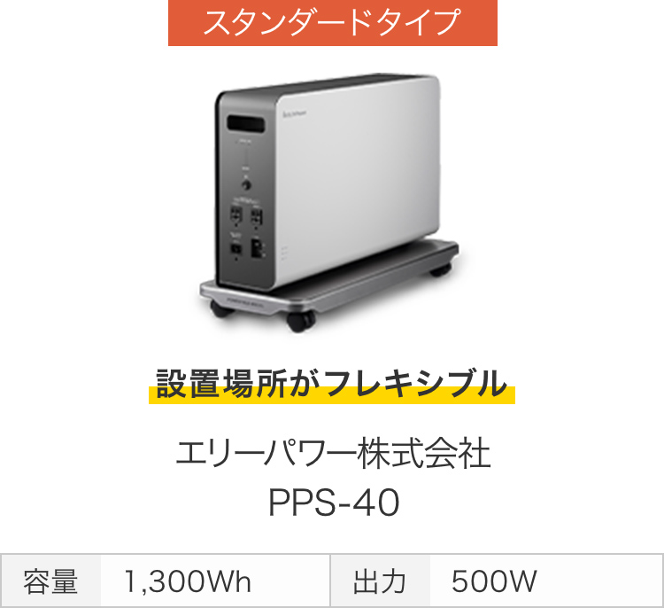 画像：スタンダードタイプ　設置場所がフレキシブル　エリーパワー株式会社 PPS-40　容量 1,300Wh　出力 500W
