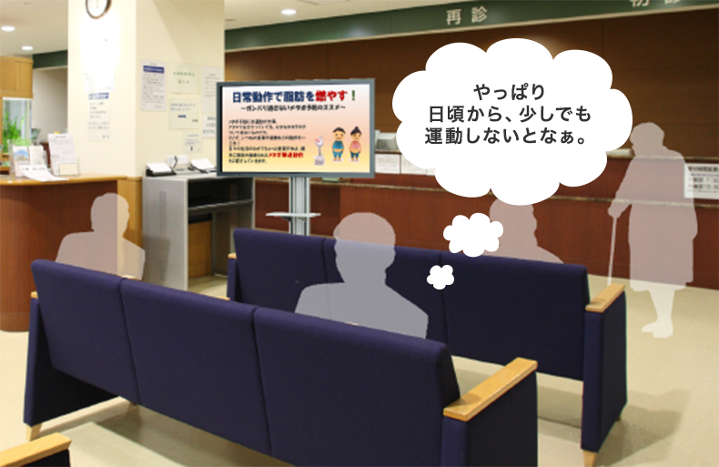 病院の待合室に設置されたデジタルサイネージ例