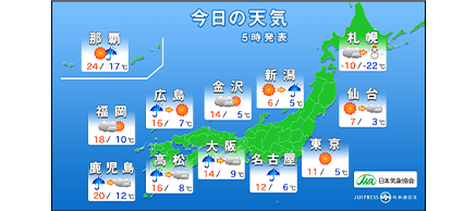 日本全国の今日の天気を案内するデジタルサイネージ例