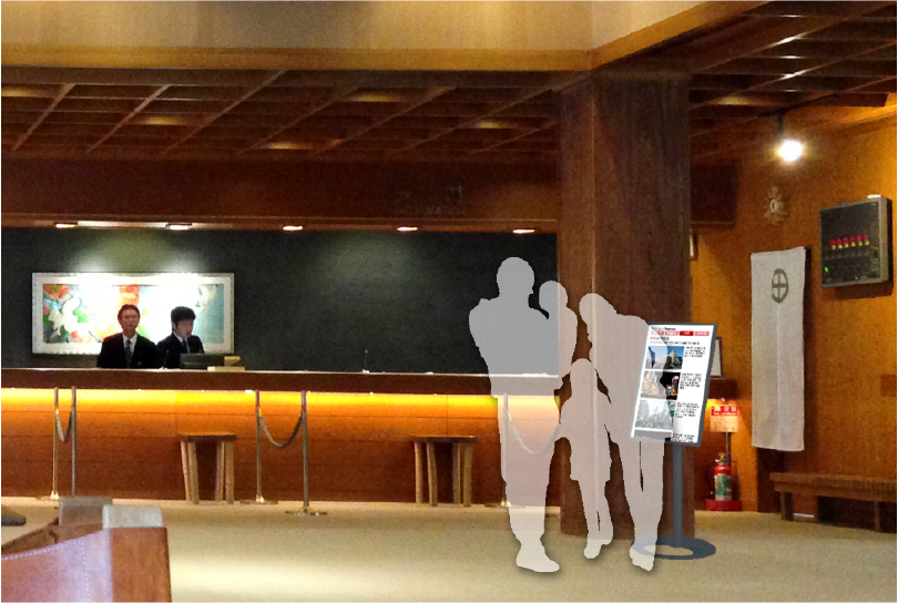 ホテルの受付前に設置されたデジタルサイネージ例