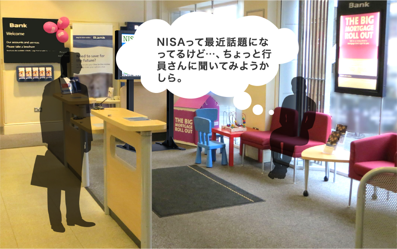 銀行の待合室に設置されたデジタルサイネージ例