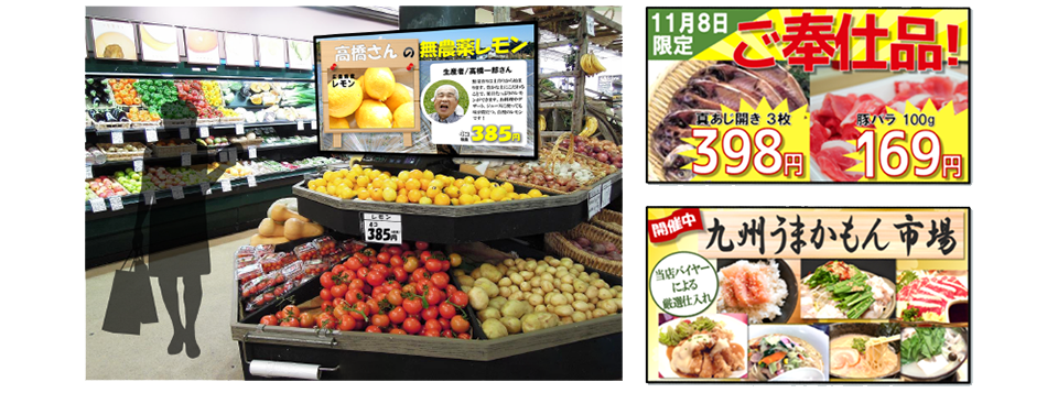 売り場に設置されたデジタルサイネージと掲載例の画像