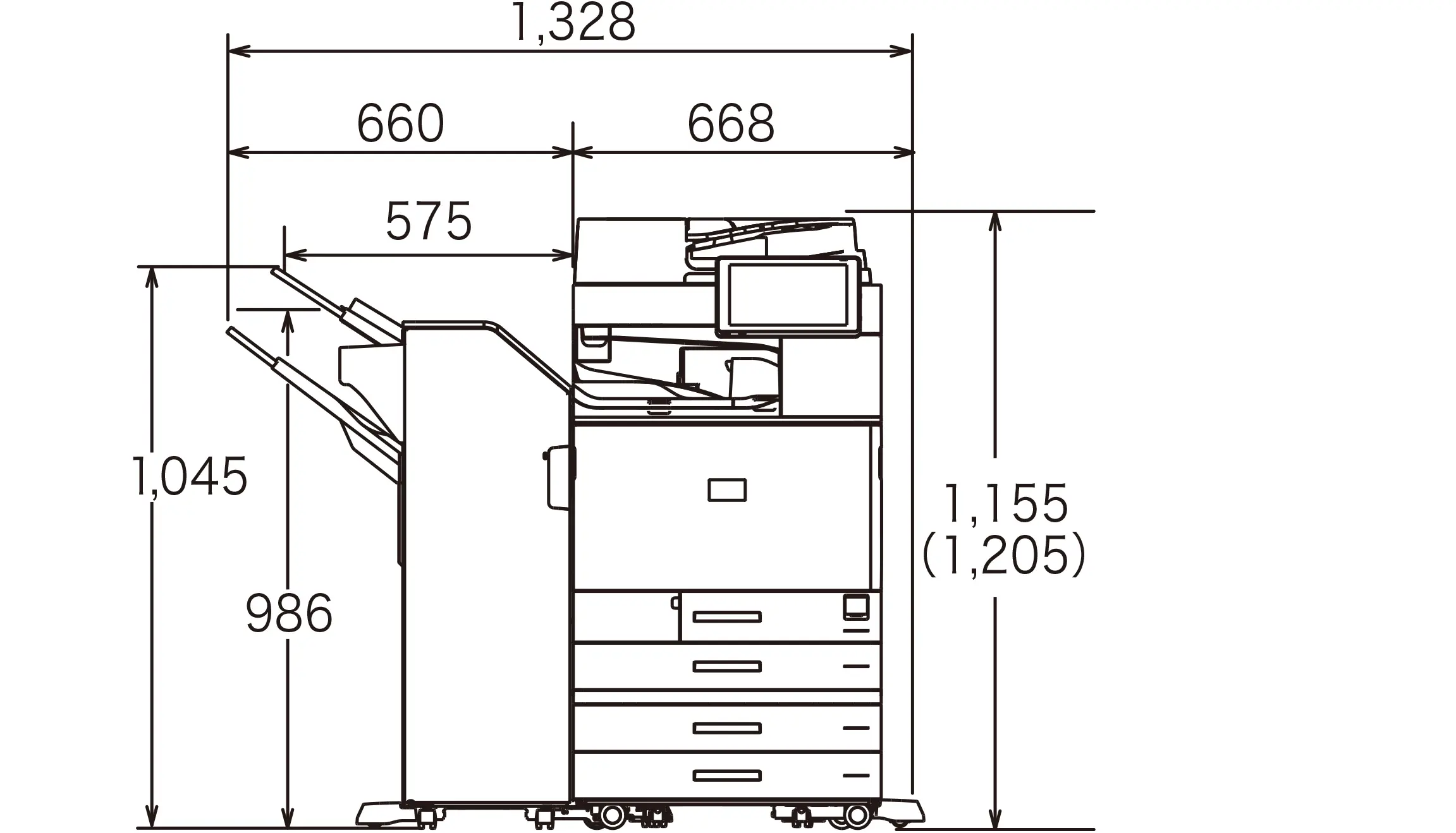 後述の内容を表した寸法図（本体正面図）。最大幅1,328mm、高さ1,155mm。