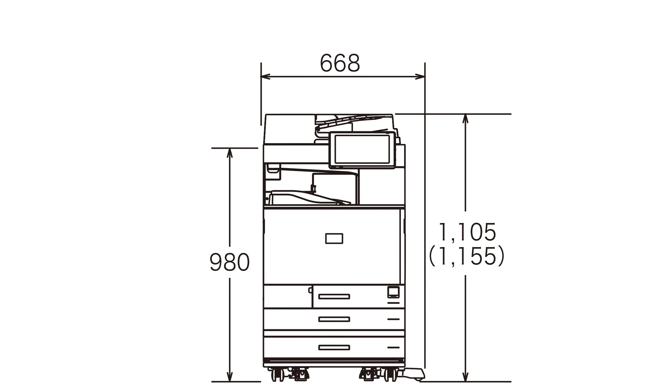 後述の内容を表した寸法図（本体正面図）。最大幅668mm、高さ1,105mm。