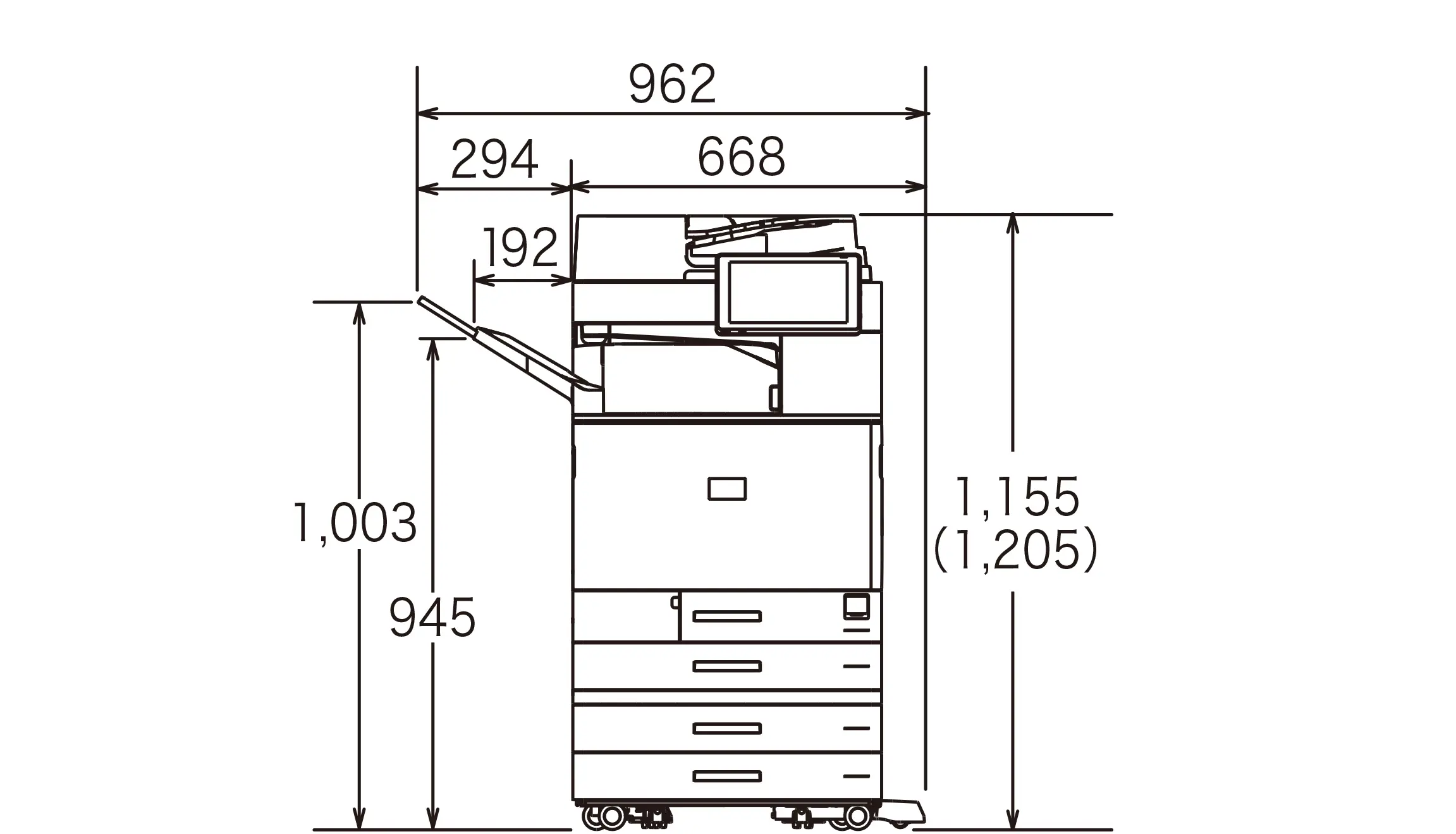 後述の内容を表した寸法図（本体正面図）。最大幅962mm、高さ1,155mm。