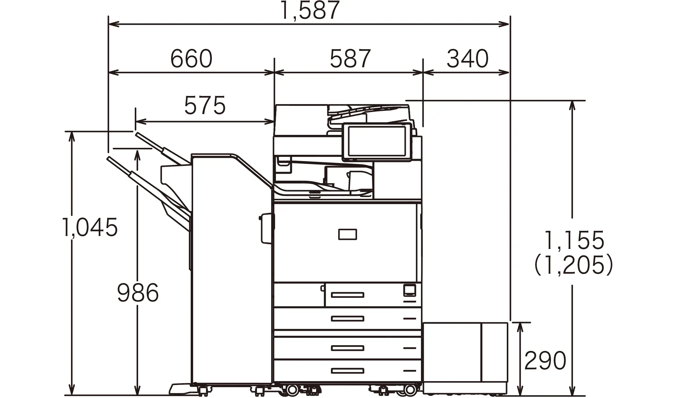 後述の内容を表した寸法図（本体正面図）。最大幅1,587mm、高さ1,155mm。