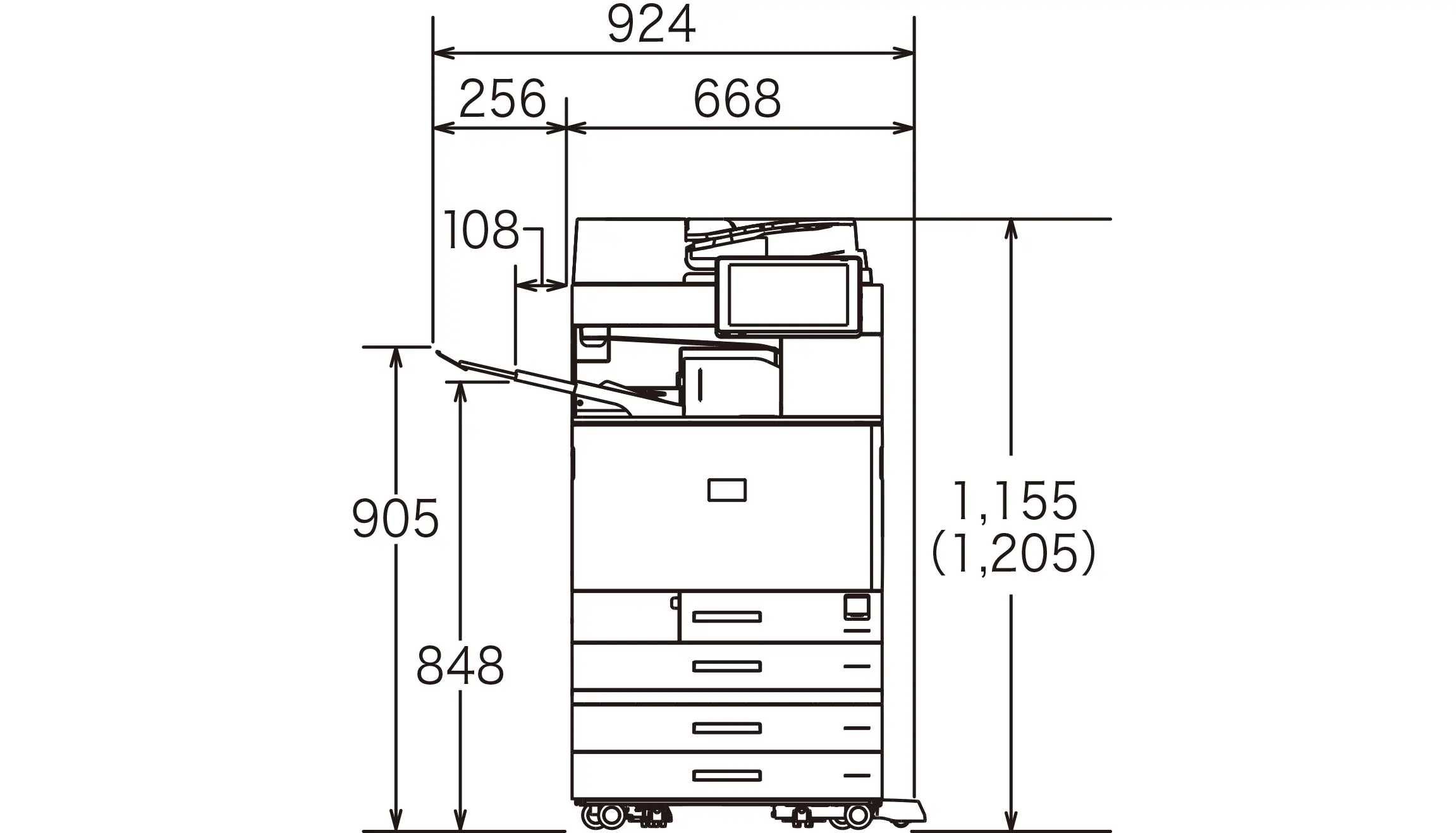 後述の内容を表した寸法図（本体正面図）。最大幅924mm、高さ1,155mm。