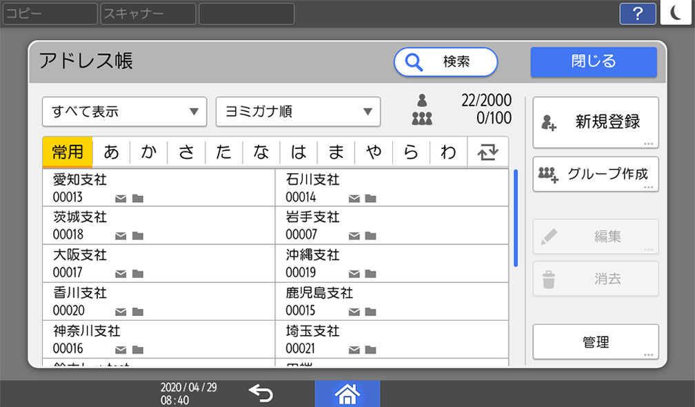 アドレス帳を表示した画面の図